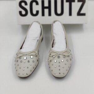 Schutz Perla Stud Embellished Square Toe Flats, Sugar White